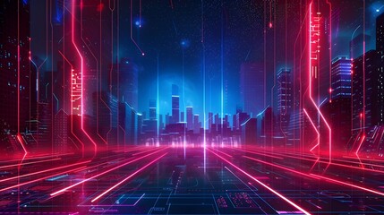 Futuristic Cityscape with Neon Lights and Digital Elements in Frame Concept for Sci Fi Designs