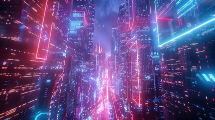 Vibrant Cityscape with Neon Futuristic Frames and Digital Elements