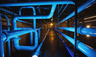 Fototapeta premium Blue pipes run along a concrete corridor in a large industrial building