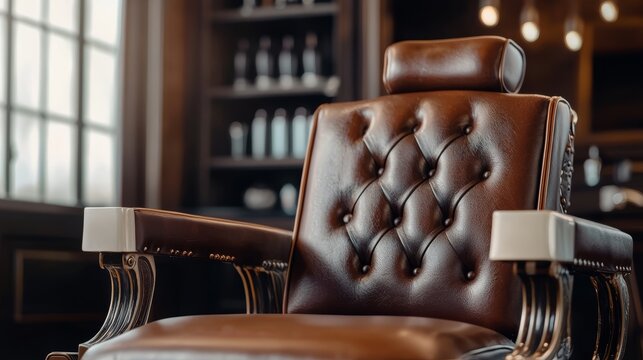 Old-school barbershop with a luxurious leather chair, warm wood interiors, and a timeless atmosphere, perfect for showcasing traditional grooming services