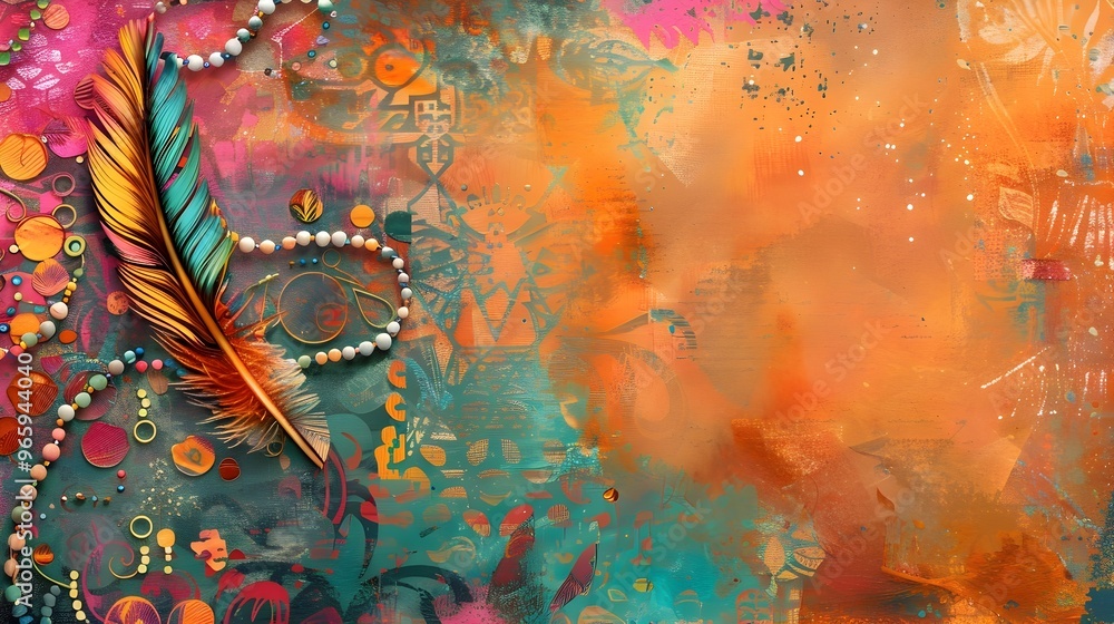 Poster vibrant bohemian frame with feathers and beads on patterned fabric background for eclectic designs