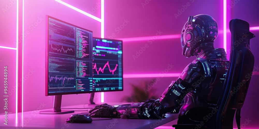 Poster robot trader analyzing stock charts in a neon-lit office, minimalist ui on screens, with smooth, cle