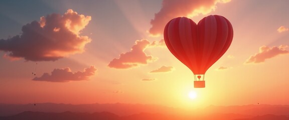 Heart-shaped hot air balloon romantically floating against a breathtaking sunset sky