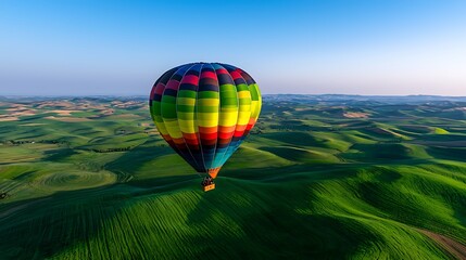 Fototapeta premium A hot air balloon gracefully soars over rolling green hills, touching the sky.