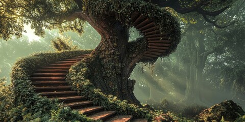 Obraz premium Winding Wooden Staircase Embedded in a Lush Tree Trunk in a Misty Forest