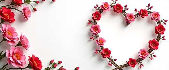 Romantic Heart-Shaped Floral Wreath with Pink and Red Flowers against White Background with Copy Space