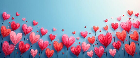 Heart-shaped Flowers Romantically Blooming Against Blue Sky Background with Copy Space