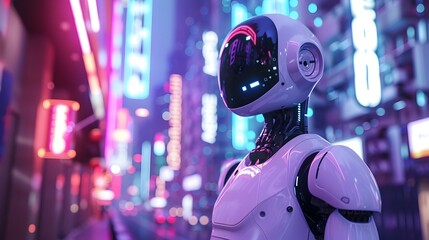 Humanoid Robot Standing in Futuristic Neon Lit Cityscape with Flying Cars