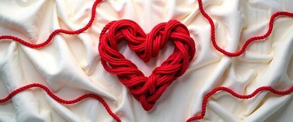 Red Yarn Heart Symbol of Love on White Fabric with Copy Space