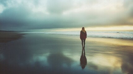 serene sunset beach scene with young woman walking alone along the shoreline enjoying peaceful solitude and reflection by the sea