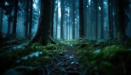 Obraz premium Spooky forest with dense trees, eerie and mysterious, Nature, Cool tones, Photograph, Haunted woods