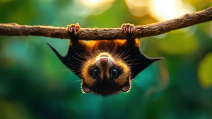 Obraz premium Adorable baby bat hanging upside down on a branch, highlighted by a vibrant, blurred green background in a beautiful natural setting.