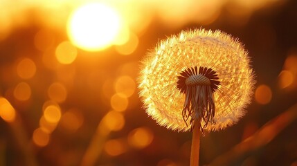 peaceful dandelion flower glowing in the golden sunset light surrounded by natural beauty and serene evening scenery in an outdoor field
serene golden sunset with dandelion flower in natu