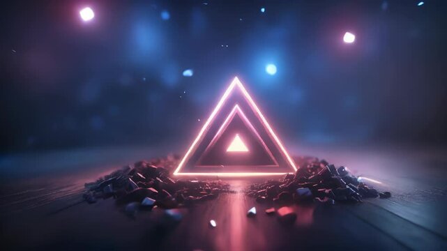 Neon Triangle Portal in Dark Room with Shiny Lights