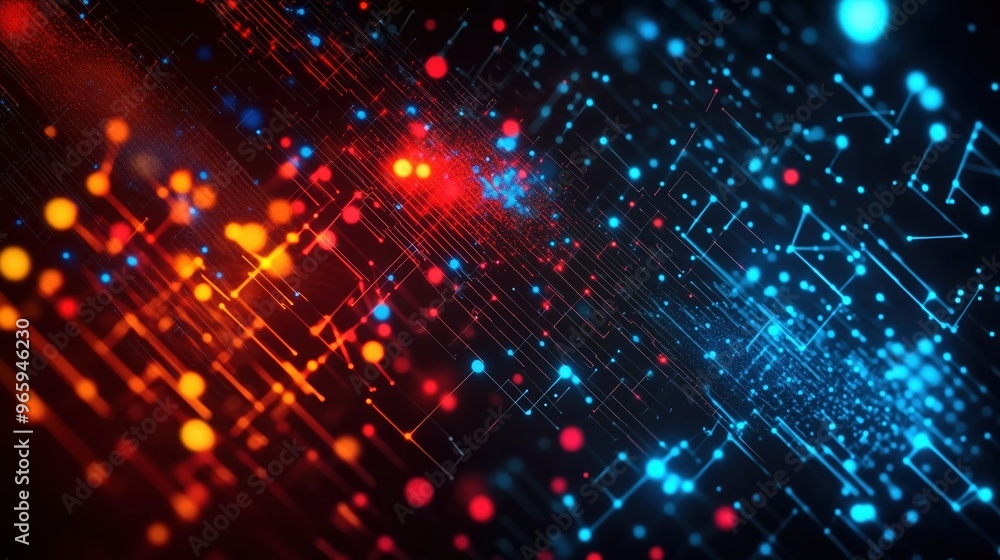 Leinwandbilder an abstract digital background featuring glowing dots and interconnected lines in vibrant blue, red,
