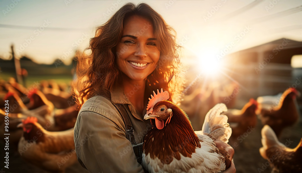 Wall mural portrait of a smiling young female farmer holding a beautiful chicken or hen at sunset. many chicken