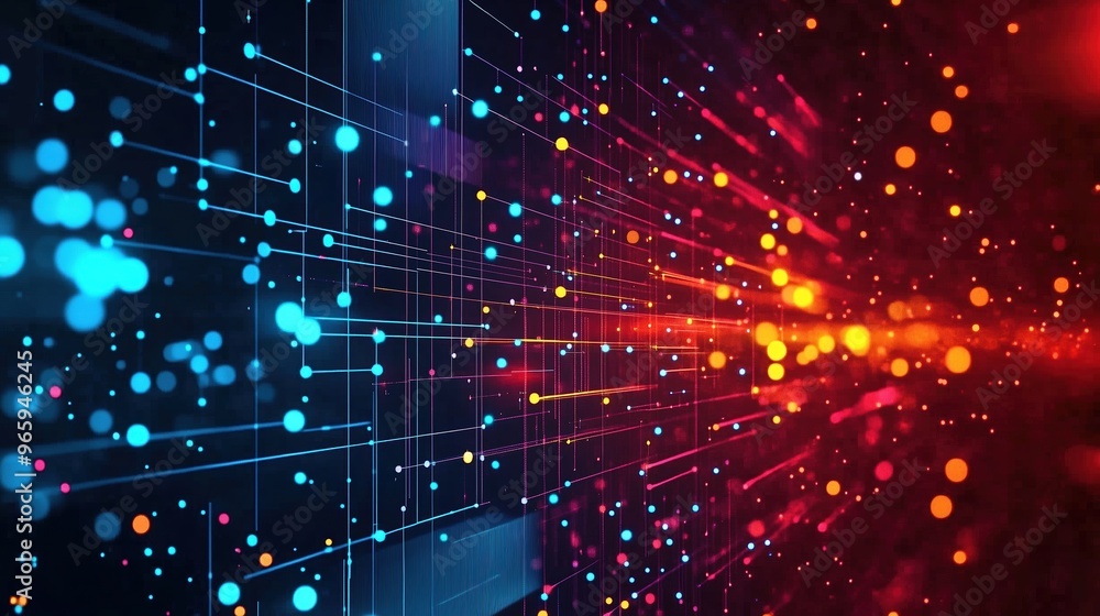 Poster An abstract digital background featuring glowing dots and interconnected lines in vibrant blue, red, and orange colors. This composition represents the concept of big data technology and visualizes th