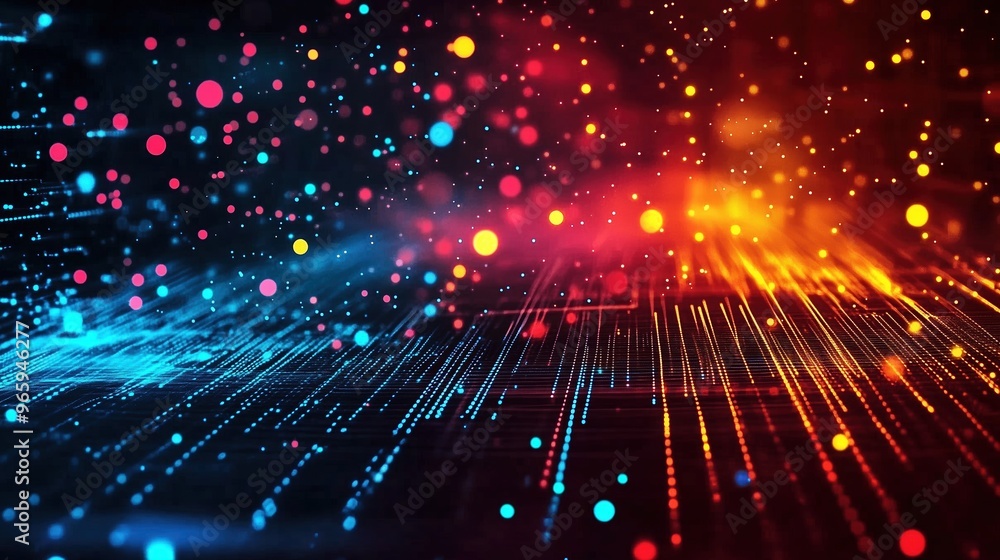 Fototapete an abstract digital background featuring glowing dots and interconnected lines in vibrant blue, red,
