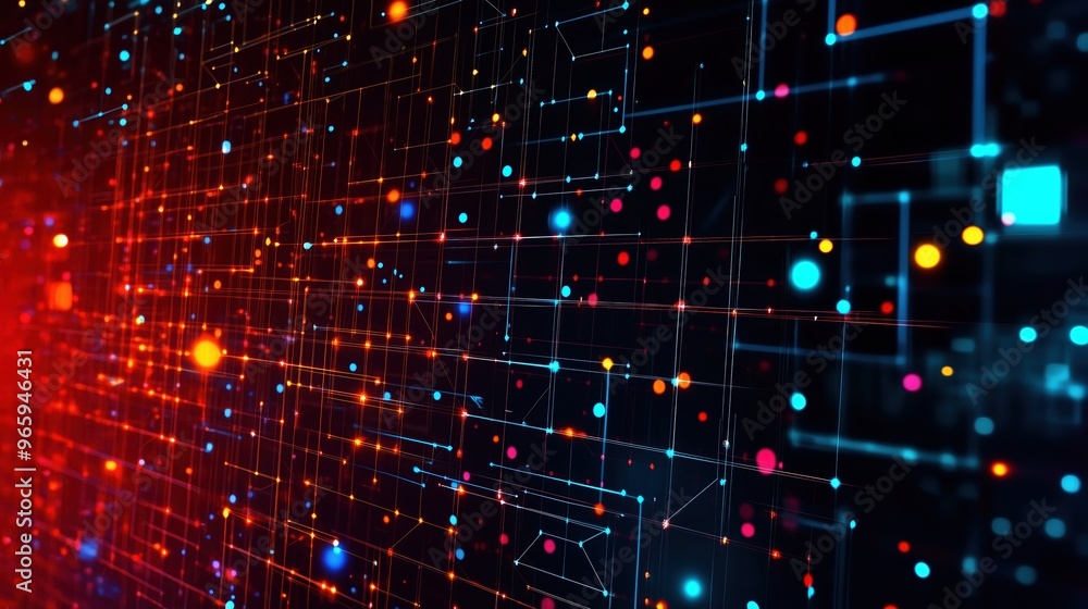 Poster an abstract digital background featuring glowing dots and interconnected lines in vibrant blue, red,