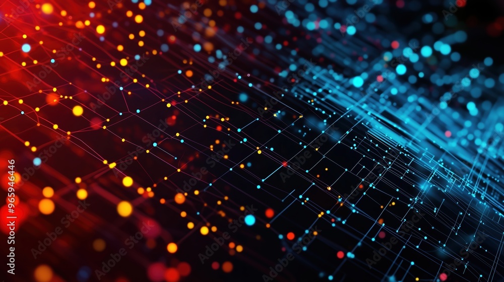 Leinwandbilder An abstract digital background featuring glowing dots and interconnected lines in vibrant blue, red, and orange colors. This composition represents the concept of big data technology and visualizes th