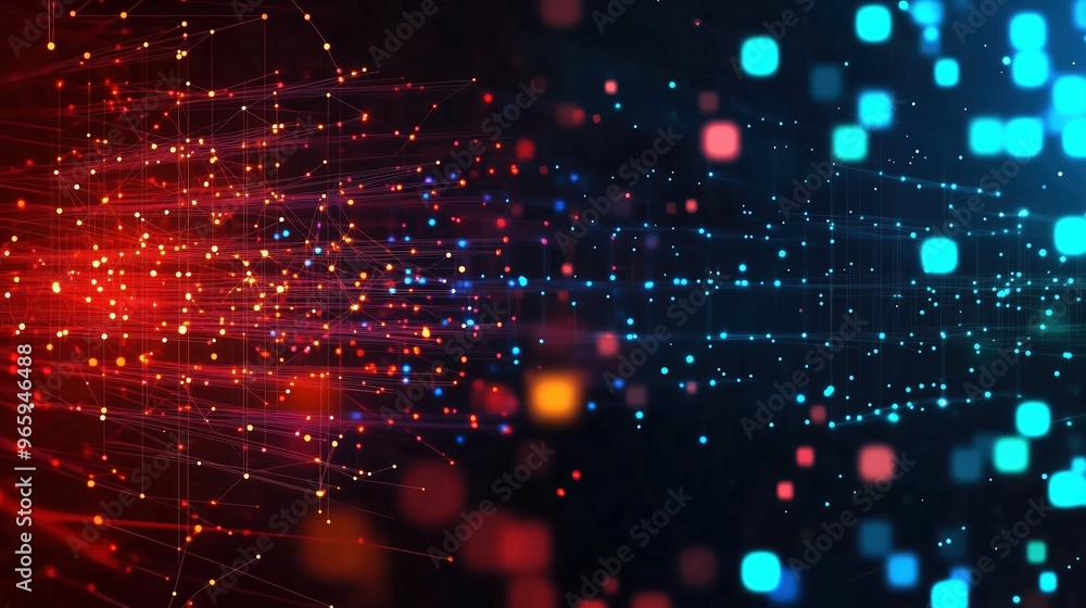 Poster An abstract digital background featuring glowing dots and interconnected lines in vibrant blue, red, and orange colors. This composition represents the concept of big data technology and visualizes th