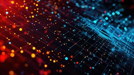 Fototapeta premium An abstract digital background featuring glowing dots and interconnected lines in vibrant blue, red, and orange colors. This composition represents the concept of big data technology and visualizes th