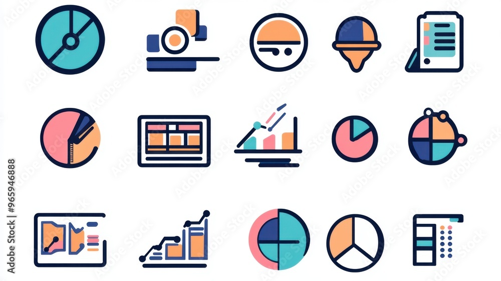 Poster duo-tone icon set for web-based data analysis: search, mining,