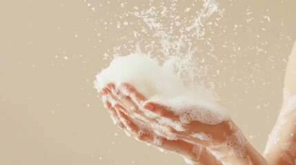 Fototapeta premium cropped view of female hands in soap foam isolated on beige
