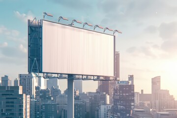 A blank billboard in an urban setting, towering over city buildings under a bright sky, perfect for advertising opportunities.