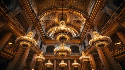 Obraz premium A breathtaking photo of a grand hall featuring opulent chandeliers hanging from a high, ornate ceiling.