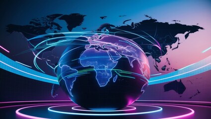 Futuristic visualization of global communication with digital world map,. Data transmission and 5G communication networks around the world.