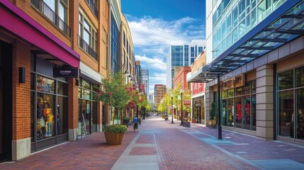 A downtown shopping district lined with trendy storefronts and boutique buildings, with high-rise offices in the background.