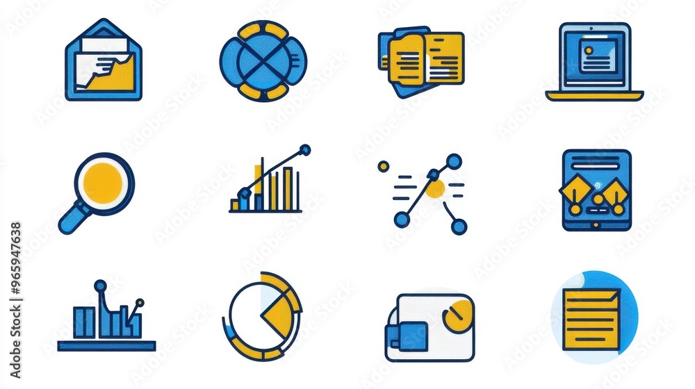 Poster duo-tone vector icons for analyzing data on the web, including search