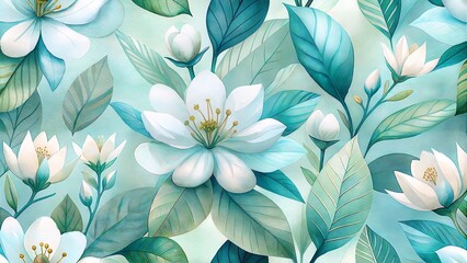 A vibrant, botanical illustration featuring white flowers and green leaves