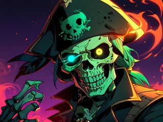 skeleton pirate, with eyes burning with magic, digital illustration