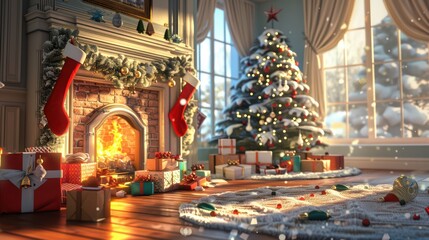 Fototapeta premium A cozy Christmas interior showcasing a decorated tree, fireplace, and festive gifts, creating a warm holiday atmosphere.