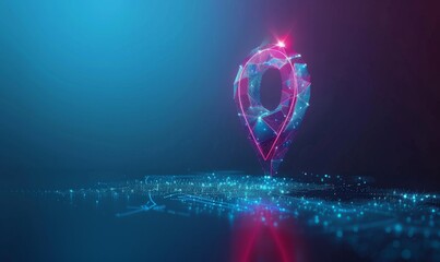Gps, location sign in futuristic abstract style on blue background. Gps navigator pin. Map pointer sign. Route navigator. Polygon vector wireframe concept. Low poly, mesh art