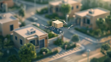 A drone delivering a package over a suburban neighborhood, showcasing the future of home delivery and technology integration.