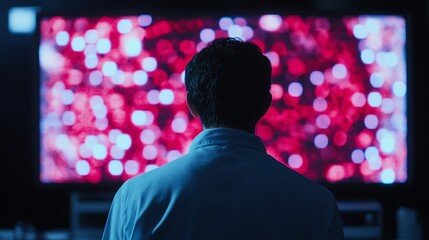 Back view of a man monitoring viral outbreak data on a screen with red and blue lights. Focus on viral mapping and outbreak response