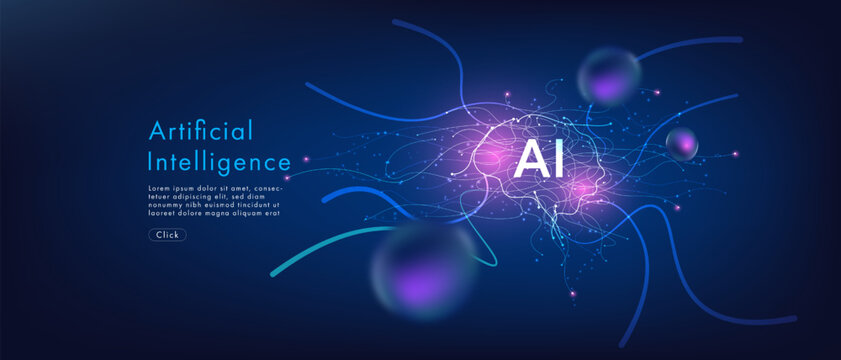 Futuristic digital brain made of curve line with AI letters. Concept of artificial intelligence, neural networks, and advanced technology. Vector illustration on blue background.