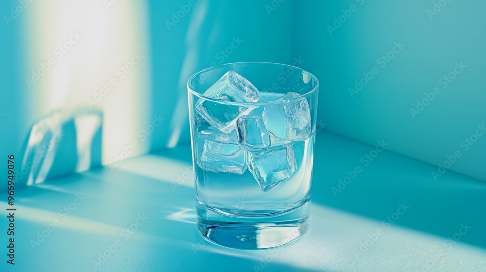 Poster a refreshing glass of water filled with clear ice cubes. the image captures an elegant and calming v