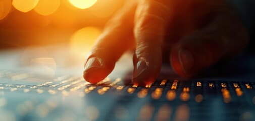 Close-up of a person's hand adjusting forecasting figures on a spreadsheet, Photorealistic, Warm tones, Digital painting, Sharp detail