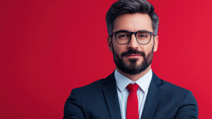 A confident man in a sharp suit and red tie stands against a bold red background, exuding professionalism and style.