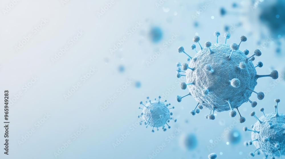 Poster Blue virus particles floating in a light background, symbolizing viral mutation and outbreak control