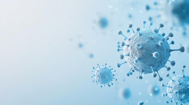 Blue virus particles floating in a light background, symbolizing viral mutation and outbreak control