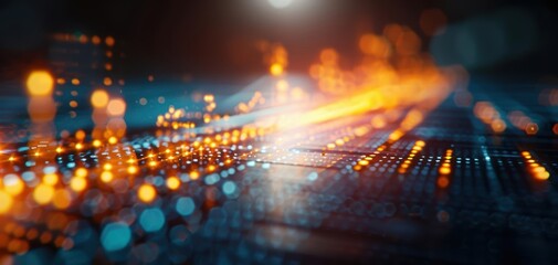 Fototapeta premium Vibrant digital abstract with glowing lines and dots representing data flow in a futuristic technology landscape.