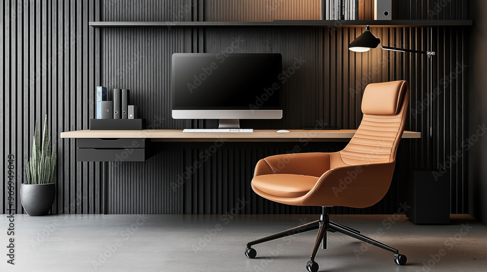 Wall mural modern home office with black vertical paneled walls, a floating wooden desk with a computer and acc