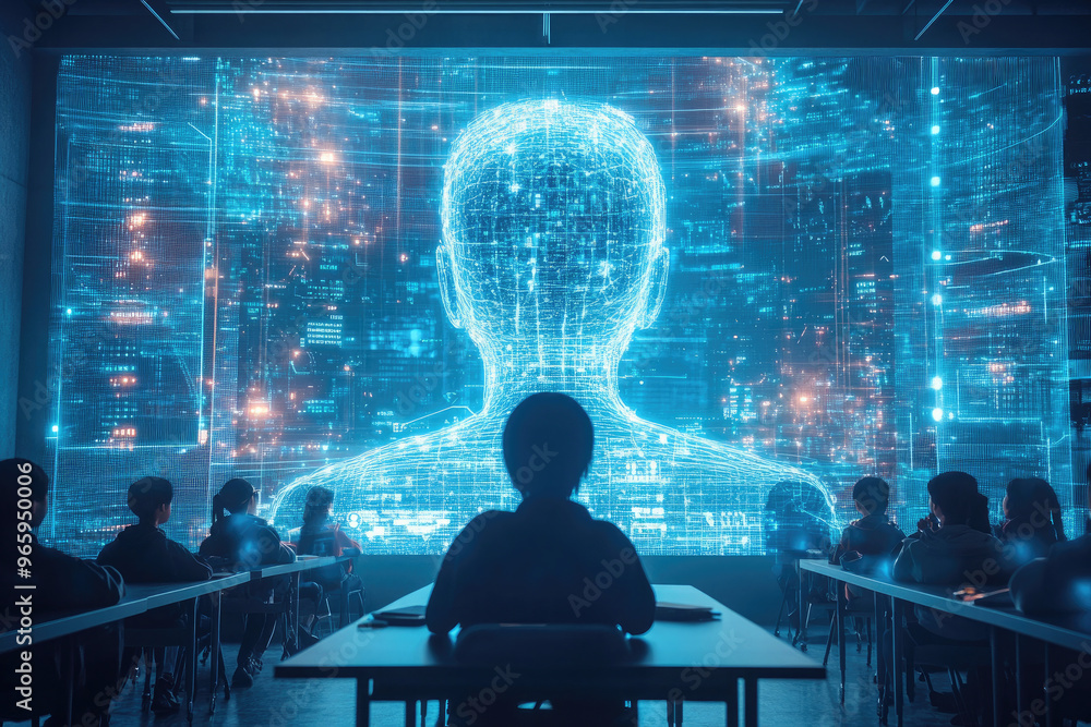 Poster students sitting at desks in a classroom are watching a hologram projection of a human head with dat