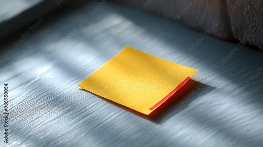 Poster yellow sticky note resting on a blue table with window light casting shadows