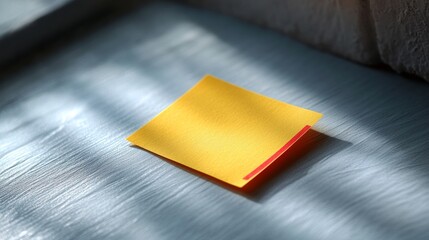 Yellow sticky note resting on a blue table with window light casting shadows